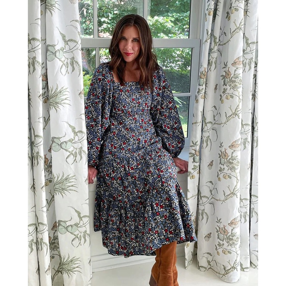 Summersalt Floral Smocked Puff Sleeve Cotton‎ Midi Dress Blue Red 2XL Plus Size